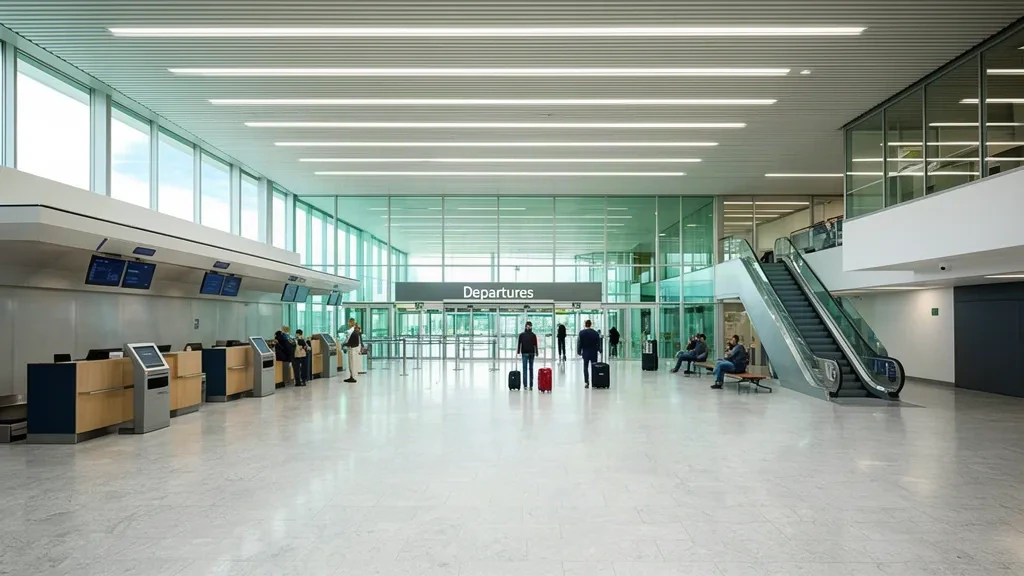 Helles Terminalinterieur des Flughafens Vitoria-Gasteiz in Spanien mit Check-in-Schaltern, Glaswänden und Reisenden