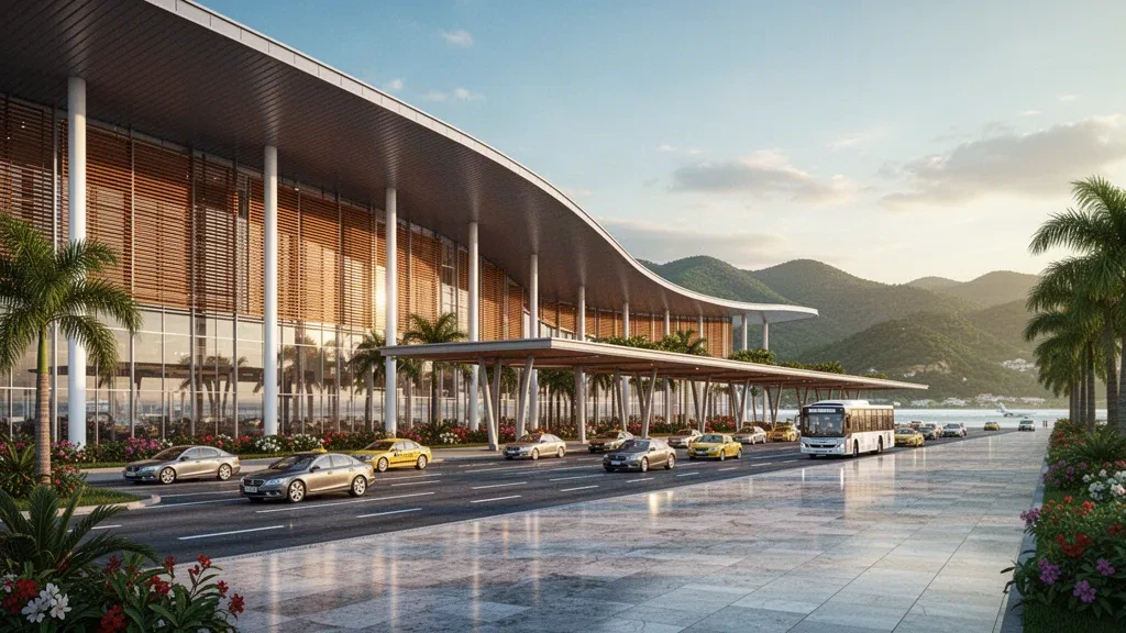 Modern glass and timber terminal with drop-off lanes at Eurico de Aguiar Salles International Airport in Vitória at golden hour