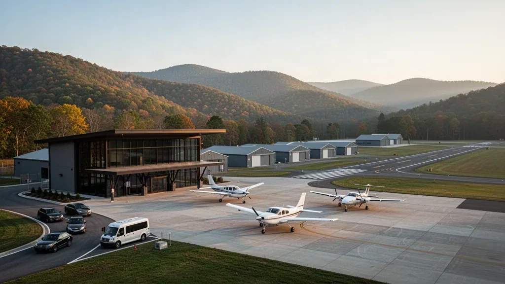 Ramp and modern terminal at Virginia Highlands Airport near Abingdon, Virginia, backed by Appalachian ridges in warm golden-hour light