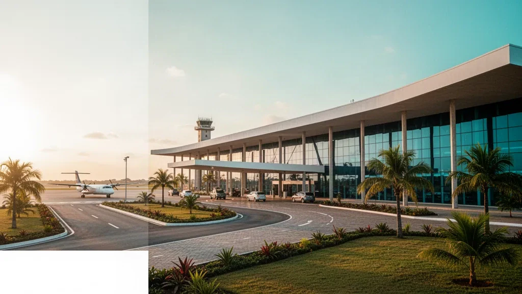 Exterior moderno de terminal de cristal en el aeropuerto de Xai-Xai Chongoene, en Mozambique, con carreteras de acceso bordeadas de palmeras a la hora dorada
