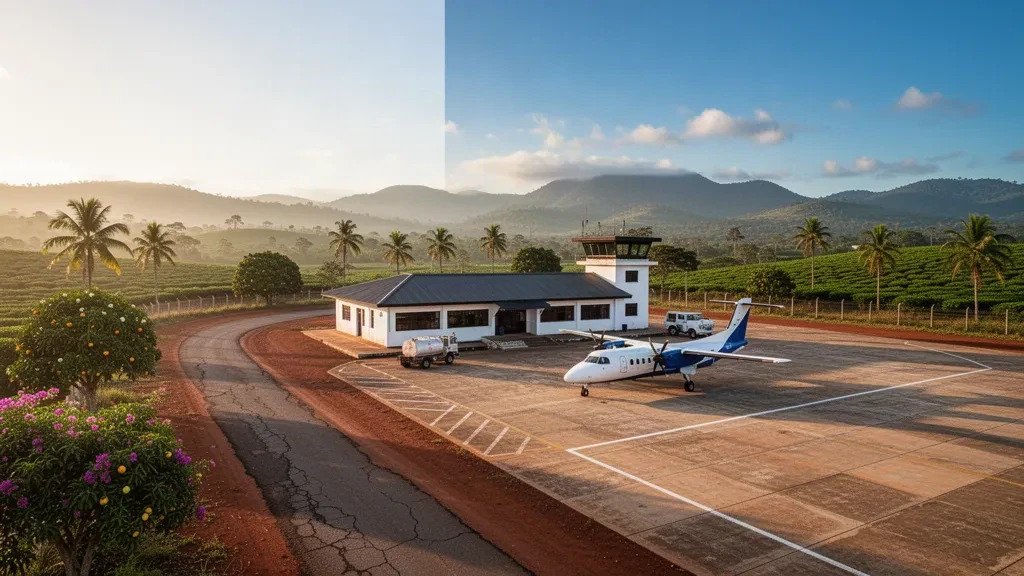 Small regional airport terminal and apron at Gurue, Mozambique, with palms and green highland hills under warm afternoon light