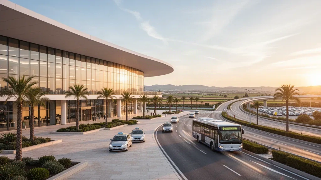 Modern glazed terminal exterior and drop-off lanes at Valencia Airport bathed in warm golden-hour Mediterranean light
