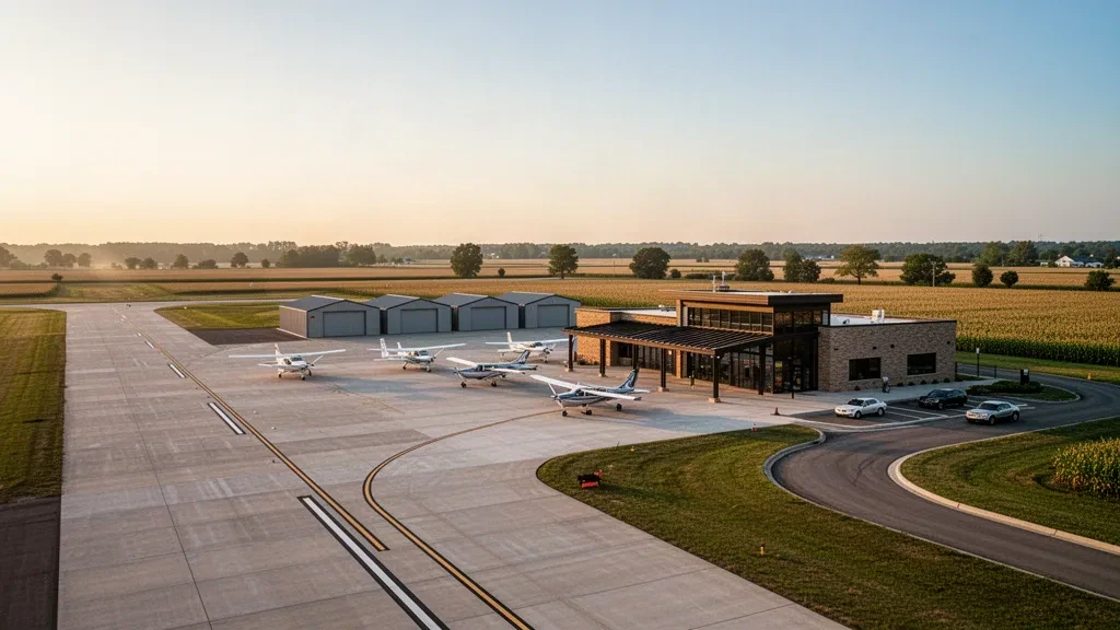 Plataforma de aviación general y terminal del aeropuerto municipal de Vandalia en Illinois con aeronaves ligeras estacionadas y hangares a la hora dorada