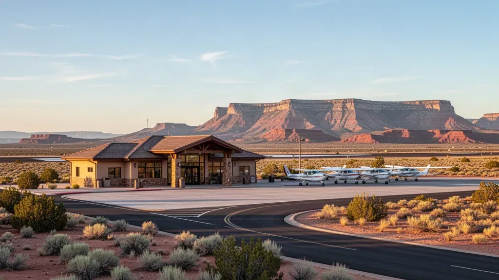 Small desert terminal and light aircraft on the apron at Valle Airport near the Grand Canyon in Arizona at golden hour