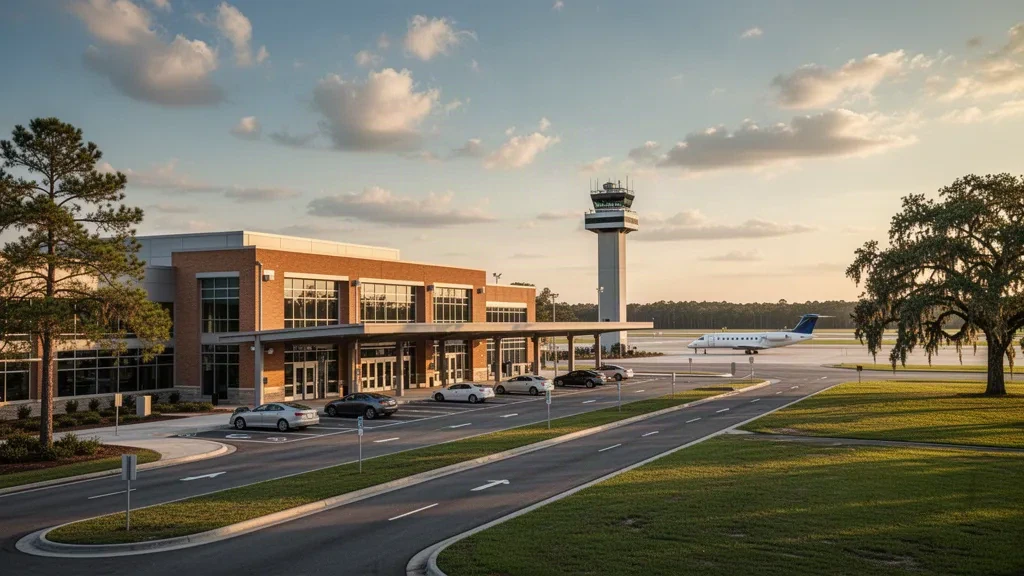 Terminal dell'Aeroporto di Valdosta Regional con corsia coperta per la salita e discesa passeggeri, torre di controllo e jet regionale sotto un caldo tramonto del South Georgia