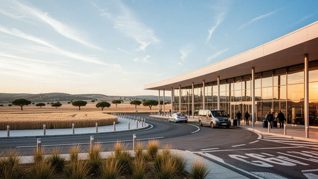 Exterior moderno de terminal acristalada en el Aeropuerto de Valladolid, en Villanubla, España, con carriles de desembarque y cielo despejado a la hora dorada