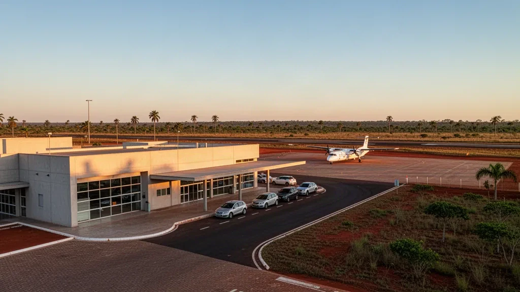 Brezilya'nın Mato Grosso eyaletindeki Vila Rica Havalimanı'nda sıcak altın saat ışığıyla yıkanan modern tek katlı terminal ve apron ile bölgesel bir uçak