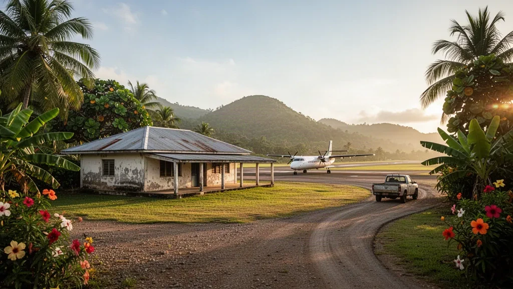 Terminal tropical al aire libre y pista de aterrizaje de césped en el aeropuerto de Valesdir, en la isla de Epi, Vanuatu, rodeados de palmeras y verdes colinas volcánicas