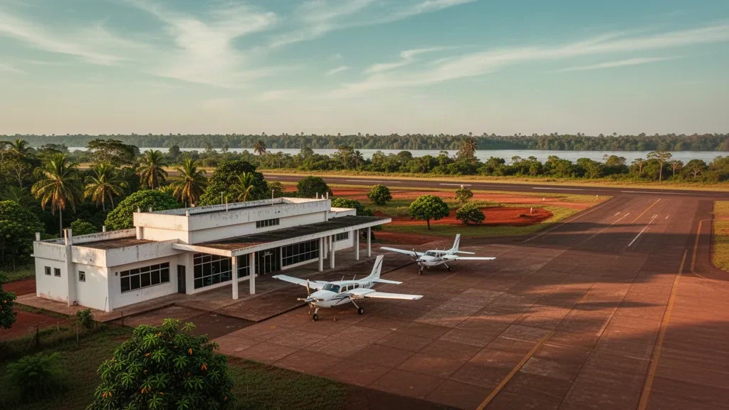 Petit terminal tropical et tarmac d'avions à l'aéroport Dr Juan Plate à Puerto Vallemí, au Paraguay, dans une lumière chaude de fin d'après-midi