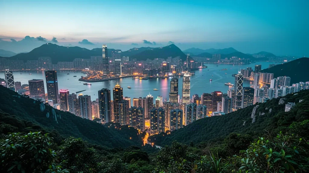 Ligne d'horizon de Hong Kong vue depuis Victoria Peak au crépuscule, avec le port de Victoria et des tours denses sous un ciel nocturne chaud