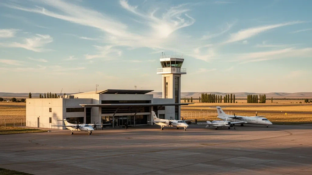 Terminal moderno a bassa altezza e torre di controllo all'Aeroporto di Villa Reynolds a San Luis, Argentina, sotto un cielo limpido di prateria durante l'ora d'oro