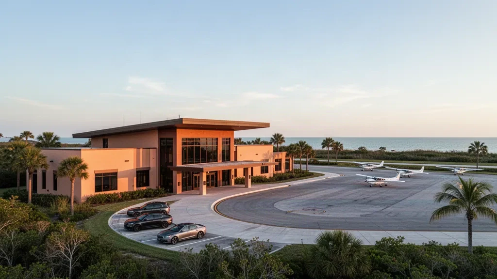 Vista a la hora dorada de la terminal de poca altura y la plataforma bordeada de palmeras en el aeropuerto municipal de Venice, Florida