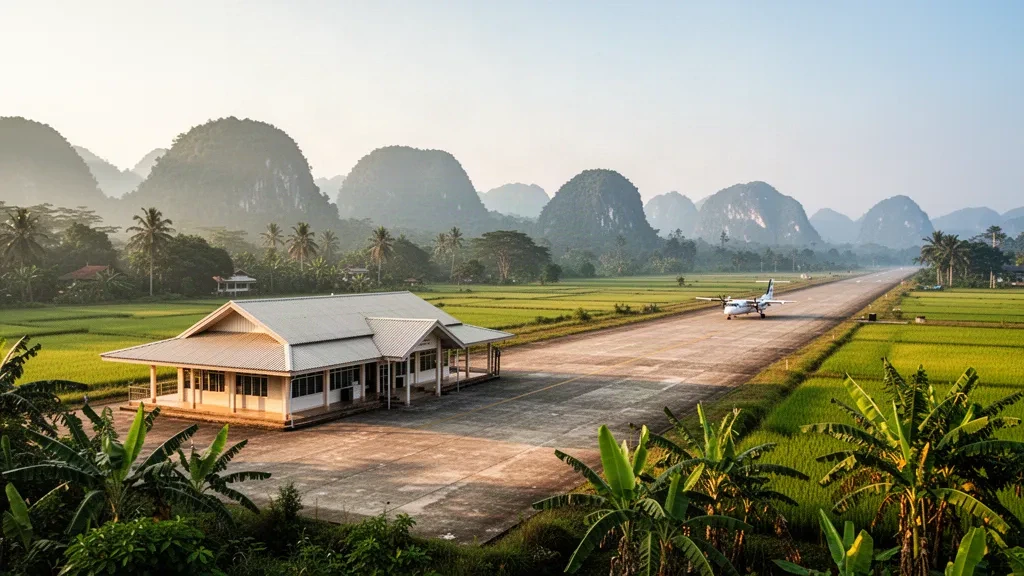 Petit terminal tropical et piste d'atterrissage à l'aéroport de Salavan dans le sud du Laos, entourés de collines verdoyantes au lever du soleil