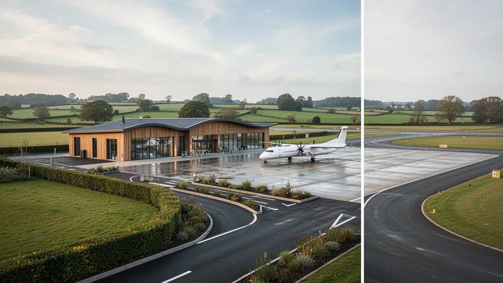 Terminal moderna de madera y cristal con un avión regional en la plataforma del aeropuerto de Vannes-Meucon, en el campo de Bretaña, Francia