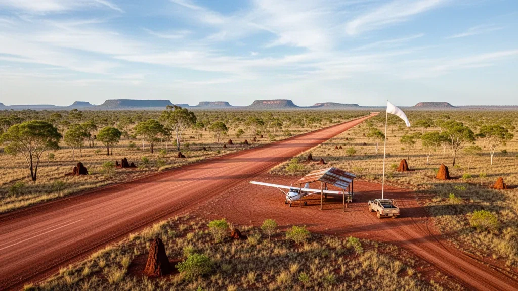 Piste d'atterrissage isolée de l'outback à l'aéroport de Vanrook Station, dans l'extrême nord du Queensland, avec une piste en terre rouge et la savane à l'heure dorée