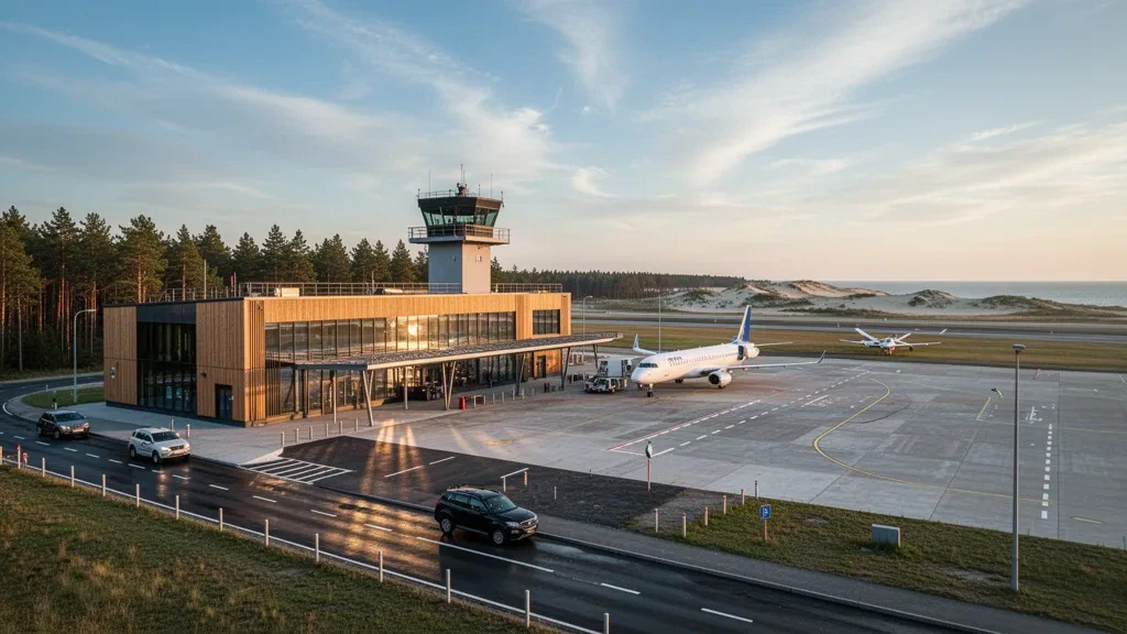 Modern glass terminal and quiet apron at Ventspils International Airport on Latvia's Baltic coast at golden hour
