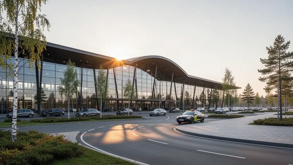 Terminal moderne en verre et zone de dépose à l'aéroport international de Vilnius sous une chaude lumière dorée