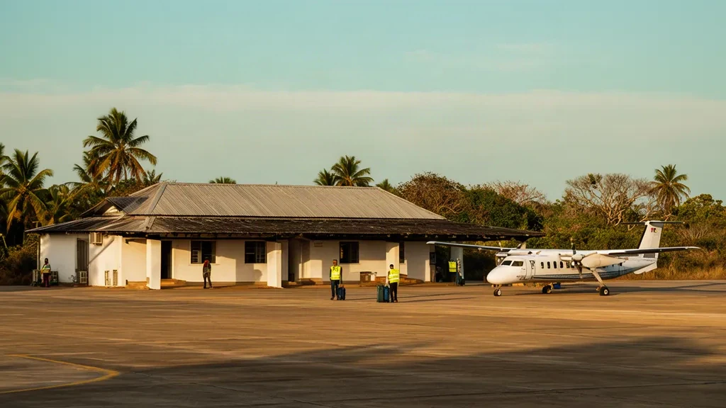 Terminalgebäude und Vorfeld des Flughafens Vilankulo VNX in Mosambik mit Reisenden, Bodenpersonal und einem kleinen Turboprop-Flugzeug in warmem Küstenlicht