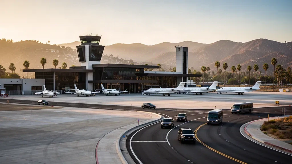 Golden-hour view of Van Nuys Airport terminal and apron with parked business jets, palm trees and mountains behind