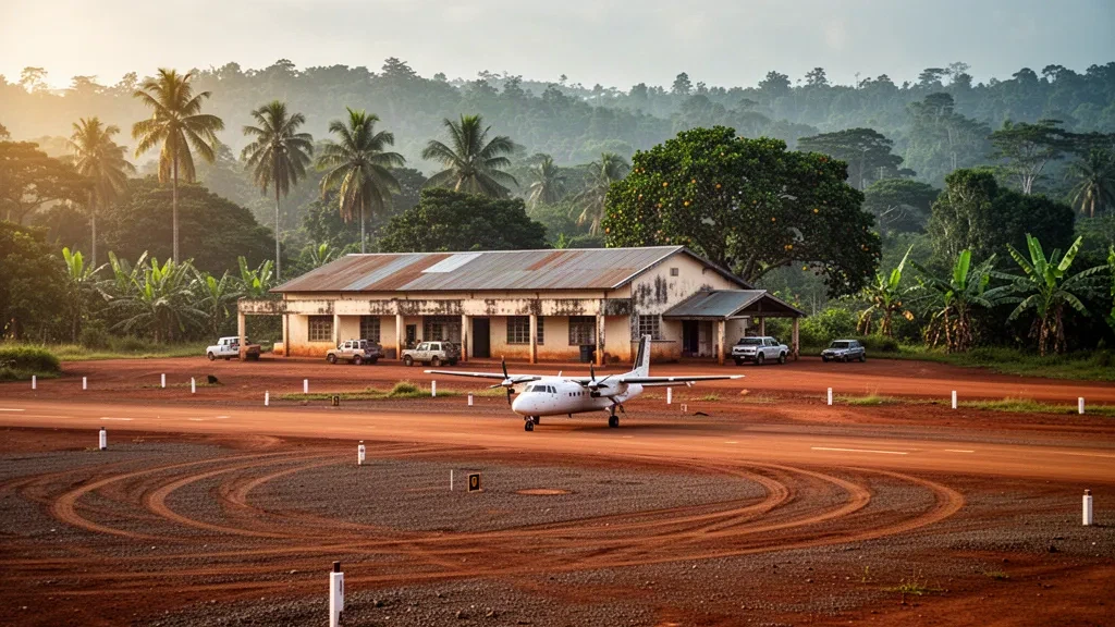 Pista in laterite rurale e piccolo edificio terminal all'aeroporto di Voinjama nella contea di Lofa, in Liberia, circondati da colline tropicali verdi