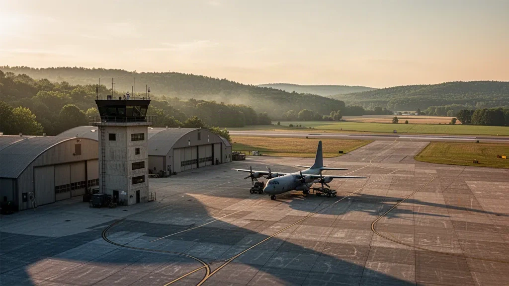 Torre de control, hangares y un avión de transporte estacionado en la plataforma de hormigón del aeródromo Volk Field en Wisconsin durante la hora dorada