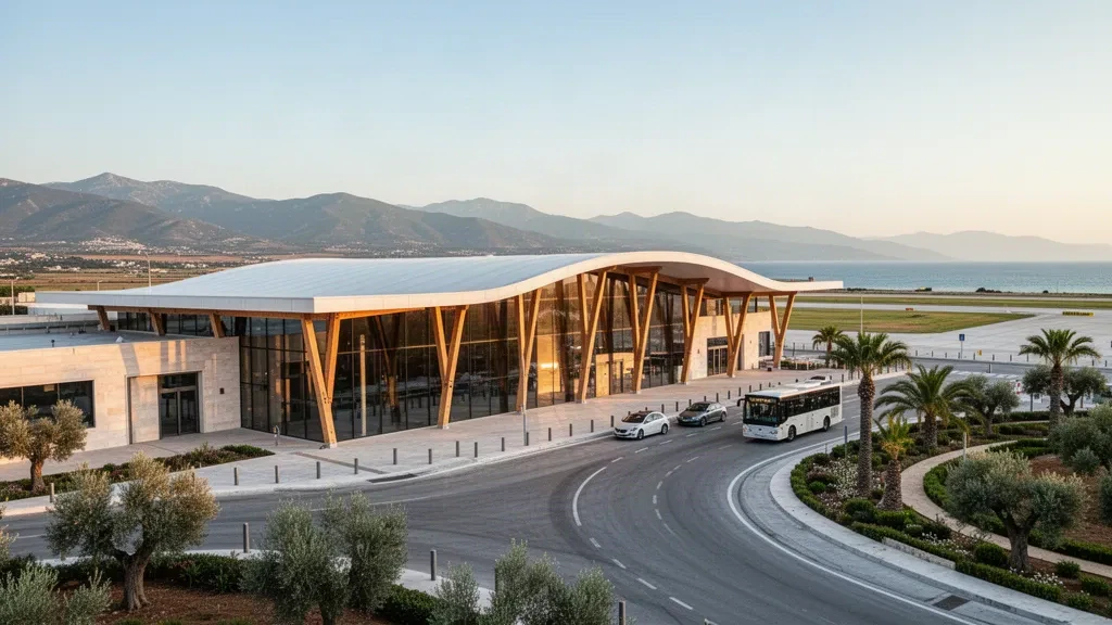 Modernes Terminalgebäude und Abholspuren am Nationalflughafen Nea Anchialos bei Volos, Griechenland, im Licht der goldenen Stunde