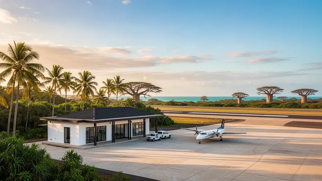 Modernes Terminal und palmengesäumte Start- und Landebahn am Flughafen Vipingo Estate an Kenias tropischer Küste bei Kilifi
