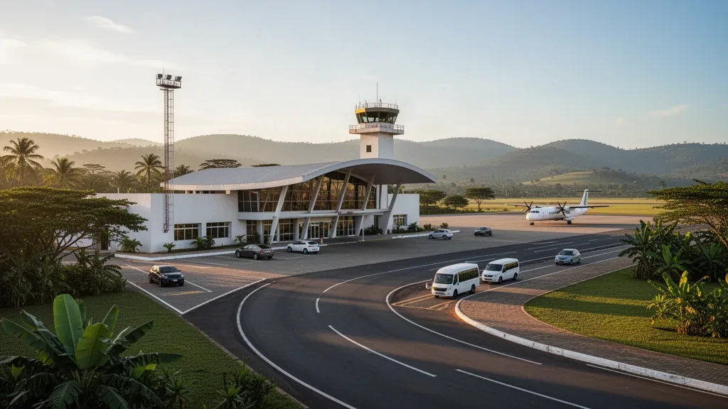 Terminal basso con vetrate, torre di controllo e corsia di sbarco all'Aeroporto di Chimoio in Mozambico sotto una calda luce pomeridiana