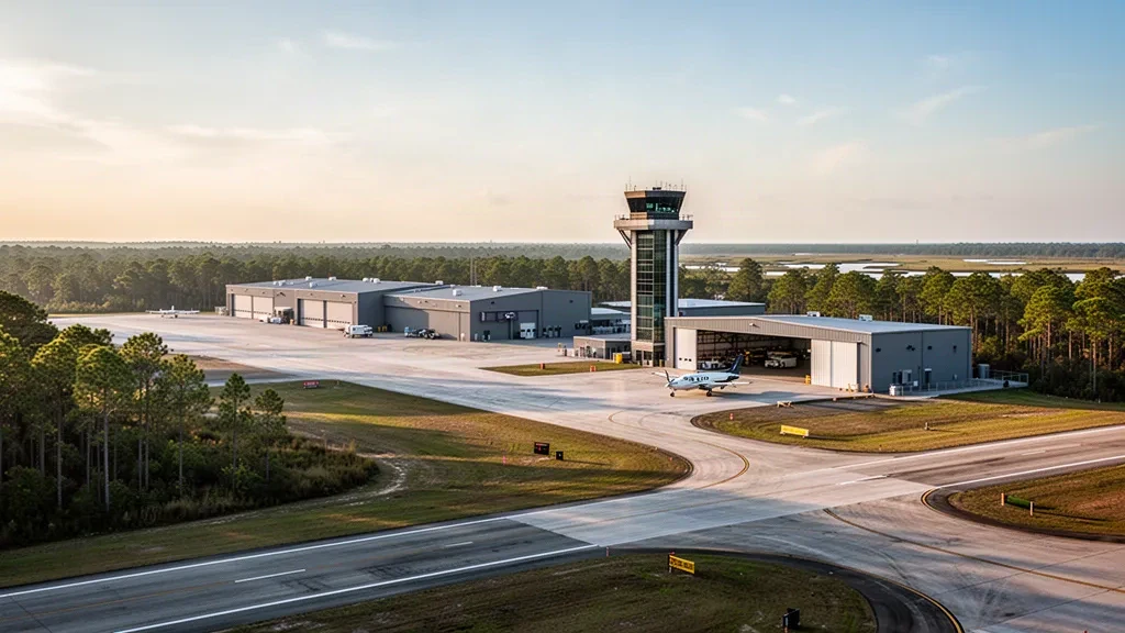 Golden-hour view of Cecil Airport in Jacksonville, Florida, with a long runway, hangars and surrounding pine flatwoods under a warm sky.