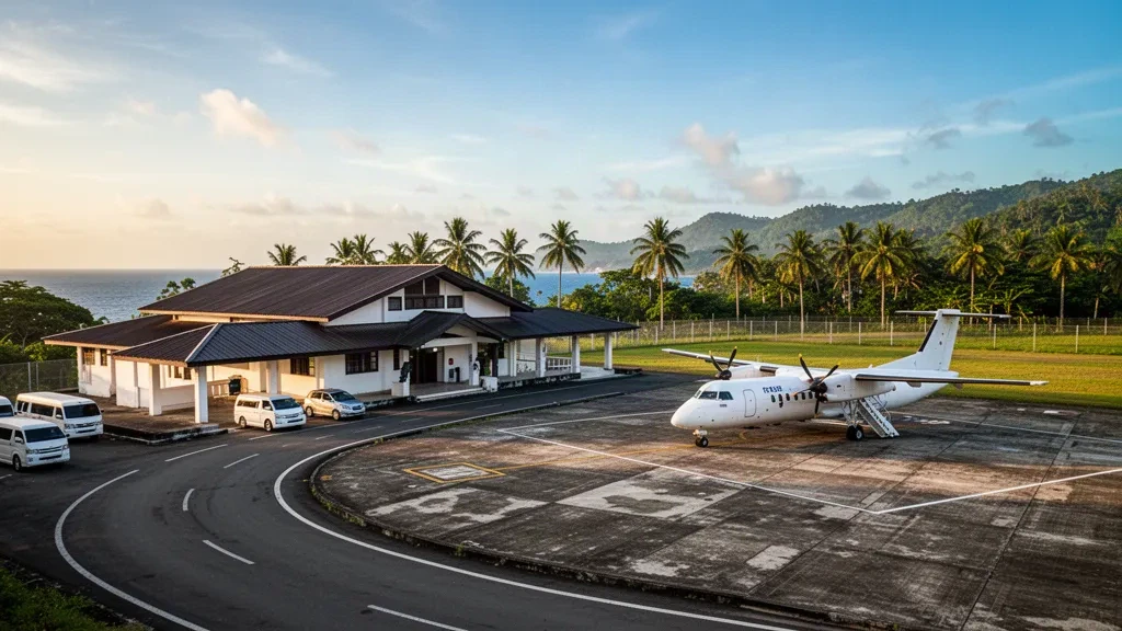 Tropical terminal and apron at Virac Airport in Catanduanes, Philippines, framed by coconut palms, green hills and a golden-hour sky.