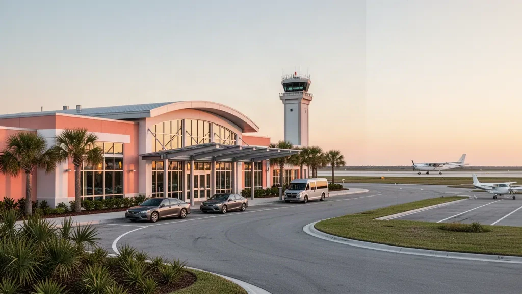 Moderno terminal esterno in vetro dell'Aeroporto Regionale di Vero Beach in Florida con palme e zona di sosta per la riconsegna passeggeri, illuminato dalla luce dorata del tramonto