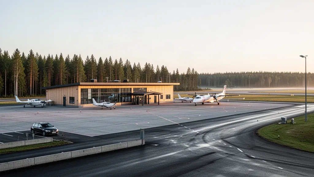 Terminal de aeropuerto regional compacta y plataforma tranquila en Varkaus, Finlandia, rodeada de bosque boreal bajo la suave luz dorada nórdica