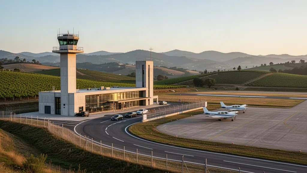 Piccolo terminal regionale e torre di controllo all'Aeroporto di Vila Real in Portogallo, incorniciati da colline vitate e montagne durante l'ora d'oro.