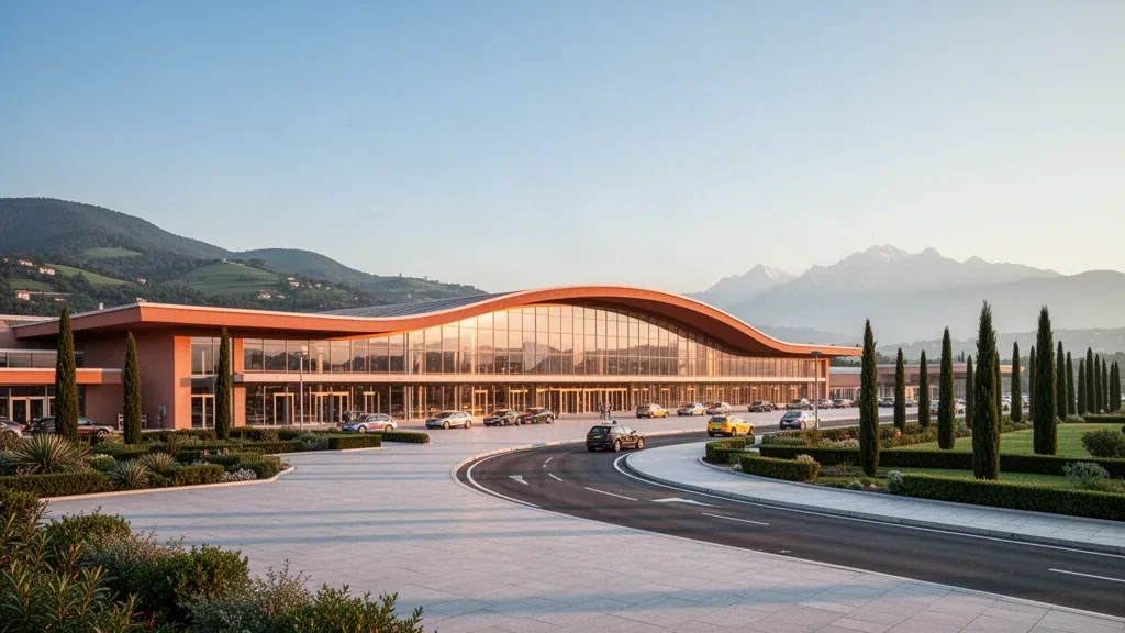 Moderno terminal in vetro e corsie di sosta al coperto dell'aeroporto di Verona Villafranca Valerio Catullo illuminate dalla calda luce dorata del tramonto