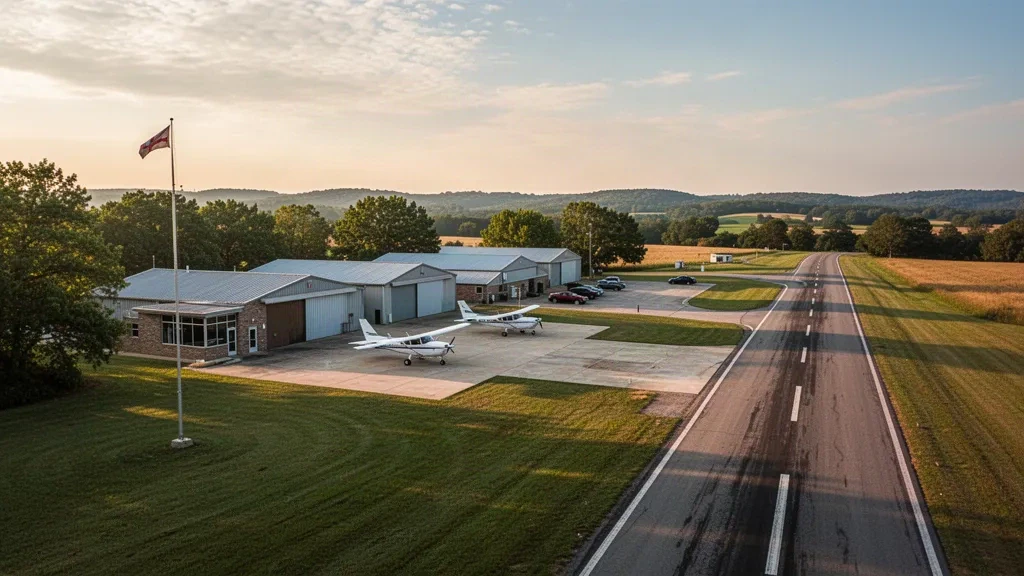 Veduta dell'ora d'oro della pista, degli hangar e degli aerei leggeri parcheggiati presso Roy Otten Memorial Airfield a Versailles, Missouri.