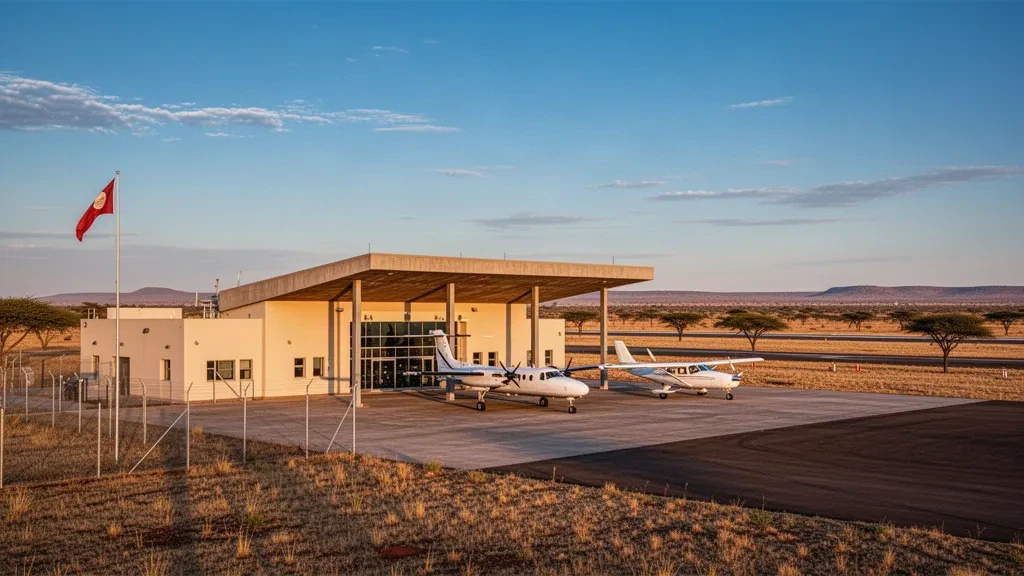 Kleines regionales Flughafenterminal und Vorfeld mit Leichtflugzeugen in der Nähe von Vryburg in der südafrikanischen Provinz North West zur goldenen Stunde