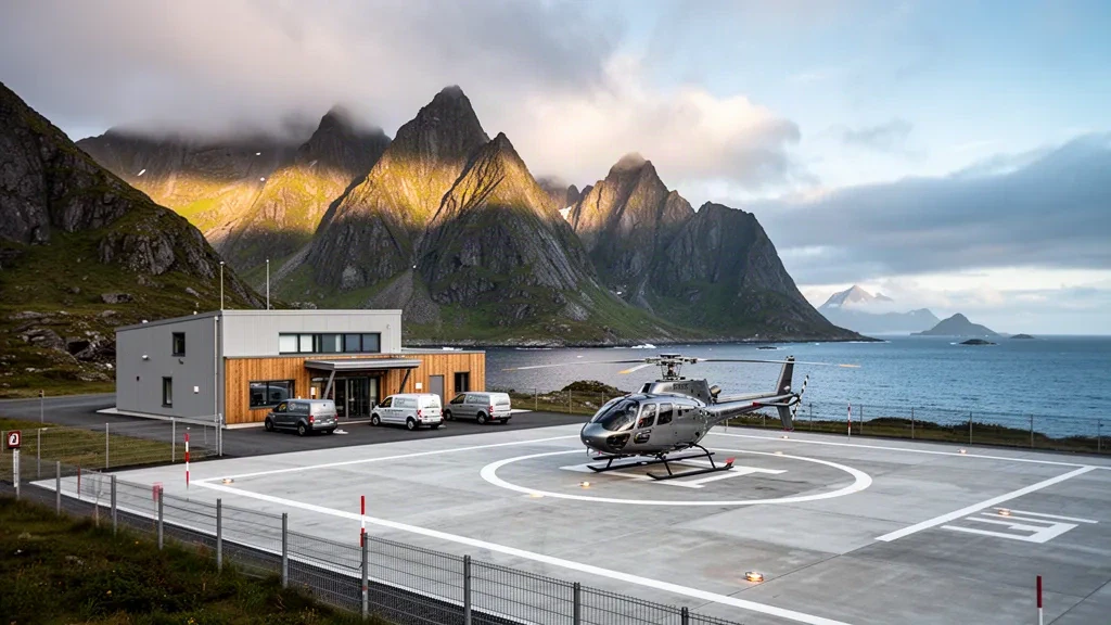 Uzak bir Lofoten adasındaki Værøy Heliport, modern bir terminal, helikopter pisti ve dik Arktik dağları ile denizle çevrili helikopter