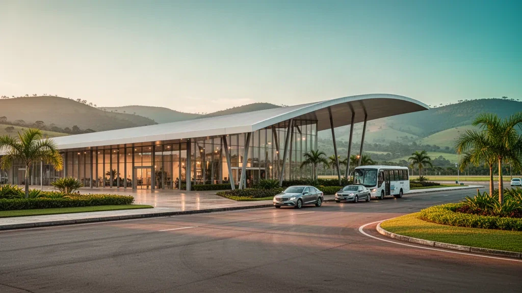 Modern glass airport terminal exterior at Padre Israel Airport with curved roof, kerbside drop-off lane and tropical greenery at golden hour