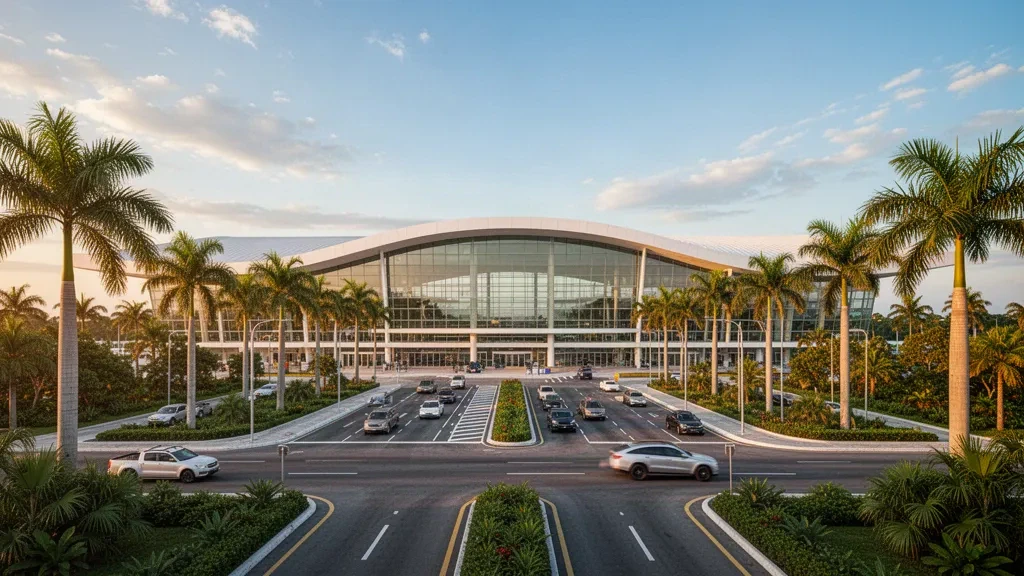 Moderne Glasfassade des Terminals am Internationalen Flughafen Carlos Rovirosa Pérez in Villahermosa, Tabasco, mit tropischer Bepflanzung und Abholspuren.