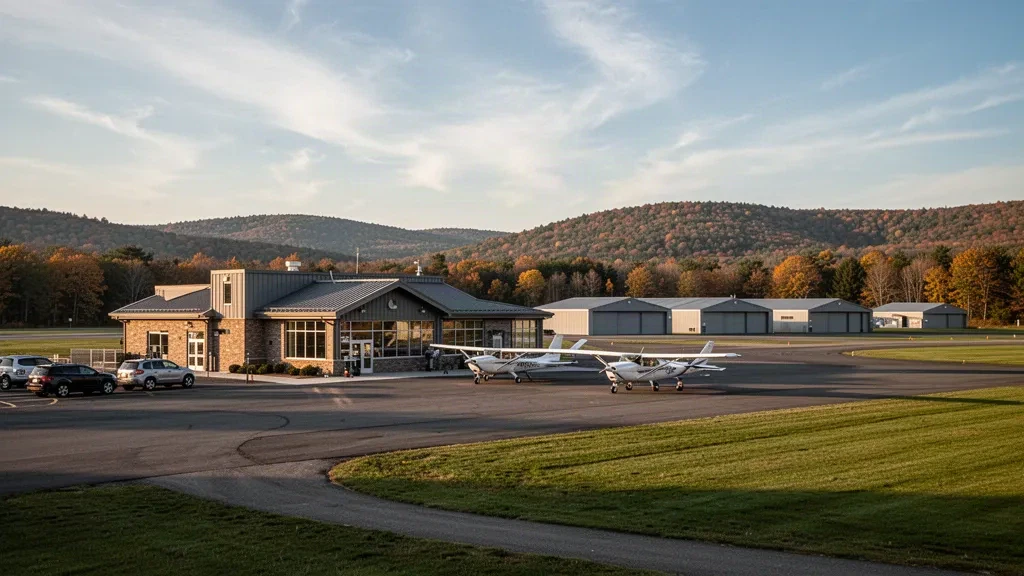 Petit terminal d'aviation générale et hangars à l'aéroport d'État de Hartness à Springfield, Vermont, encadrés par des collines automnales à l'heure dorée.