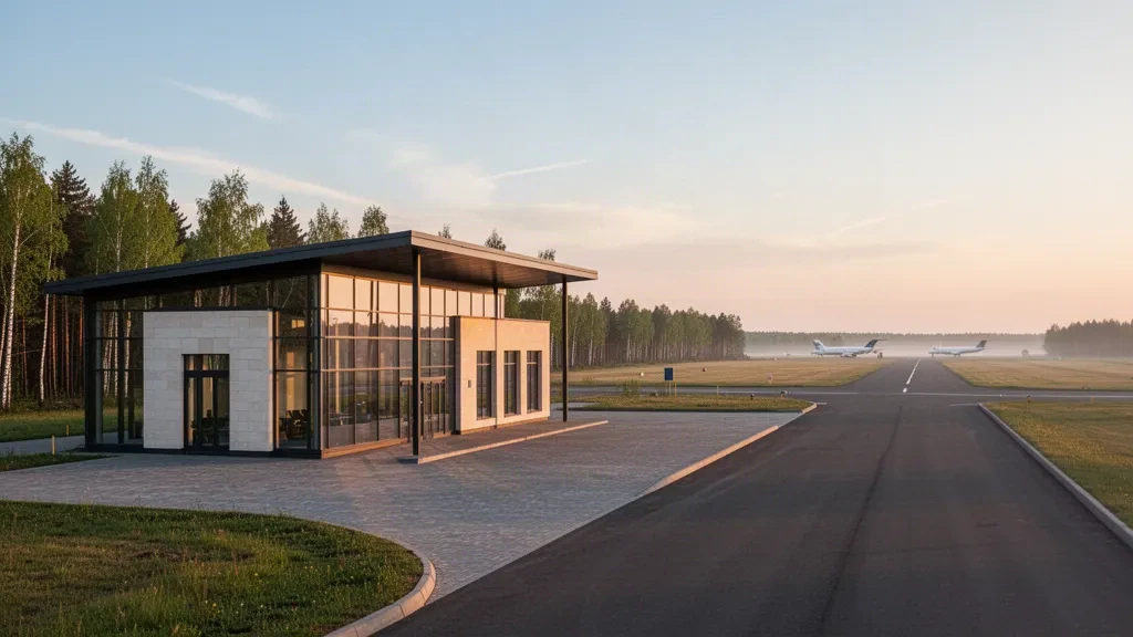 Modern glass terminal exterior at Vitebsk Vostochny Airport in Belarus during golden hour, with empty drop-off lanes and open sky