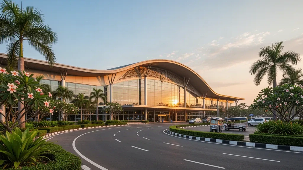 Modern glass terminal exterior at Wattay International Airport in Vientiane, Laos, glowing in golden-hour light with palm trees and a wide drop-off lane