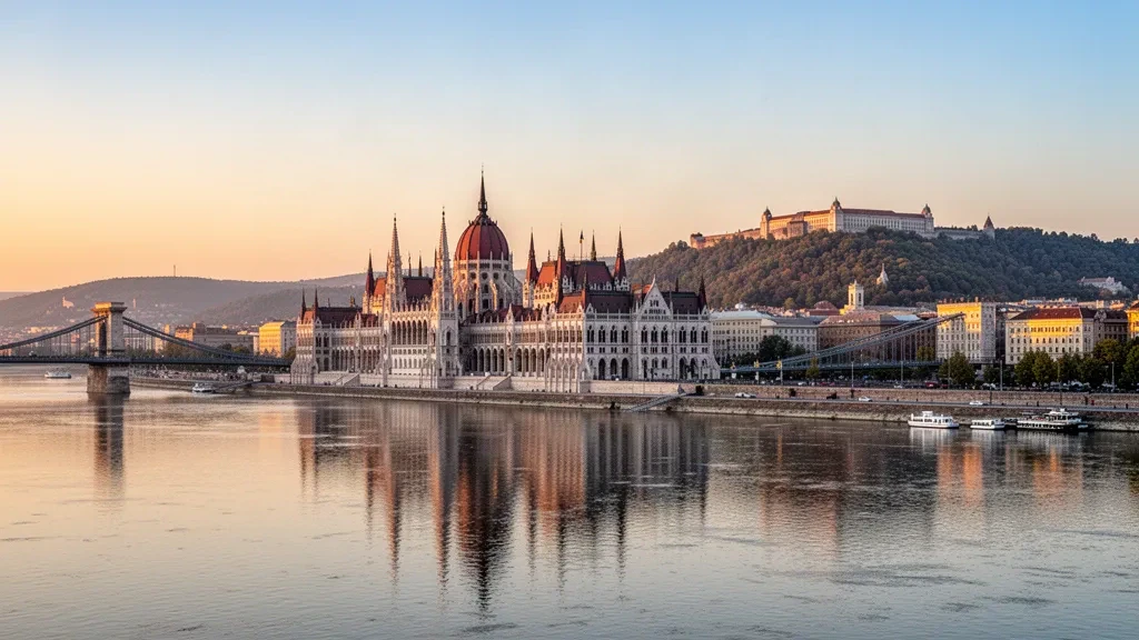 Budapeşte, Macaristan'da altın saatlerde Tuna Nehri'ne yansıyan Macaristan Parlamento Binası ve Zincir Köprü