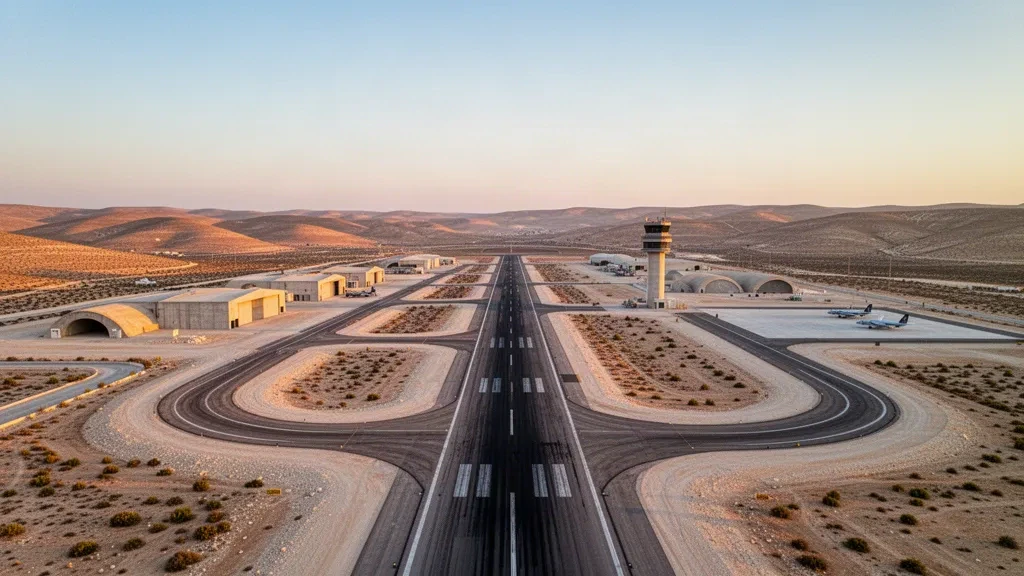 Golden-hour aerial view of Nevatim Air Base in the Negev desert, with runways, hangars and a control tower across the arid landscape