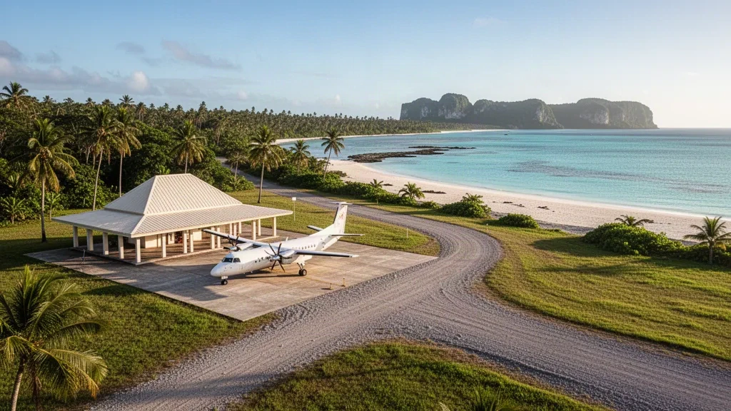 Kleiner tropischer Flugplatz auf der Insel Vatulele, Fidschi, mit einem Regionalflugzeug, Palmen und türkisfarbener Lagune dahinter