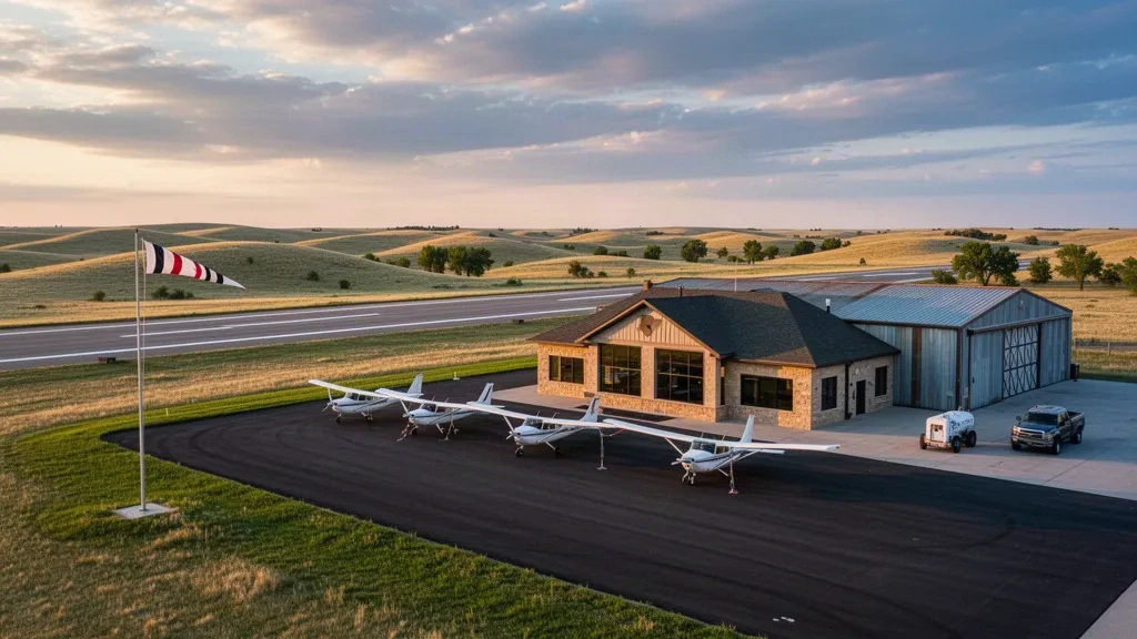 Valentine, Nebraska'daki Miller Field'da altın saatlerde Sandhills çayırı gökyüzü altında apronda küçük terminal, hangar ve hafif uçak.