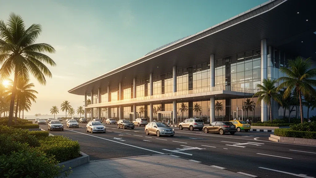 Modern glass and curved-roof terminal exterior at Visakhapatnam International Airport at golden hour with palms and a curbside drop-off lane