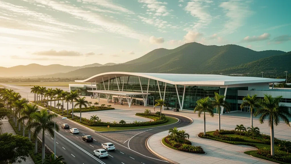 Terminal moderna de vidrio y vía de acceso bordeada de palmeras en el Aeropuerto Alfonso López Pumarejo en Valledupar, Colombia, a la hora dorada.