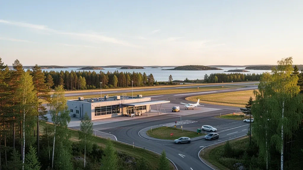Pequeña terminal de aeropuerto regional nórdico, plataforma y vía de acceso en el aeropuerto de Västervik, en la costa báltica de Suecia, rodeada de bosque de pinos bajo una suave luz de tarde.