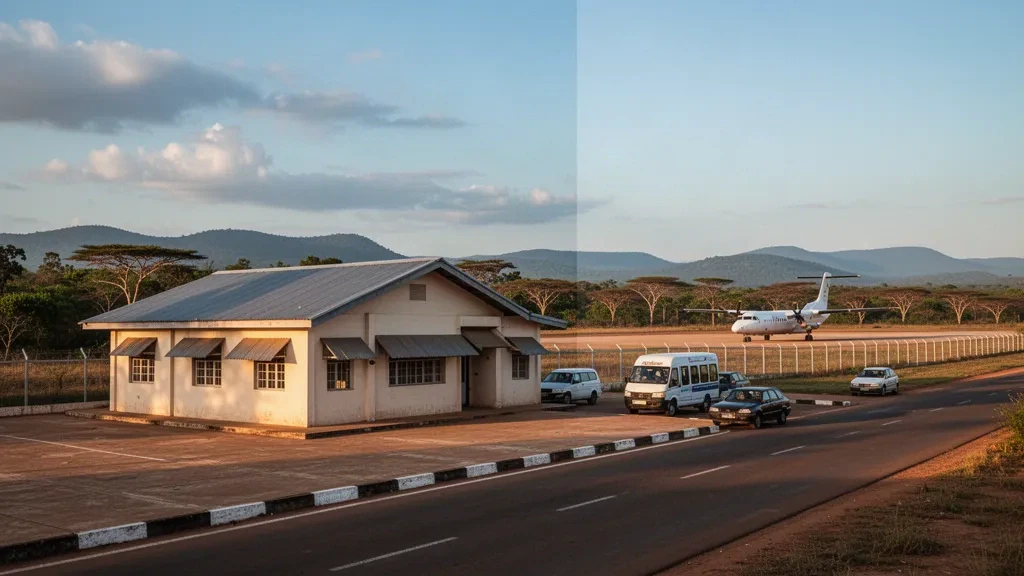Lichinga Airport terminal and apron in Niassa, Mozambique, with a parked turboprop and dry woodland hills at golden hour